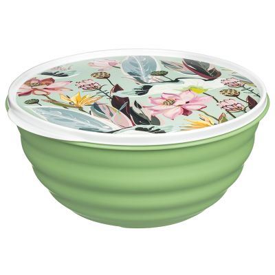 Миска пластмассовая "Латина" 2,1л, д20,7см, h9,6см, зеленый, с крышкой, с декором "Ботаника" (Россия)