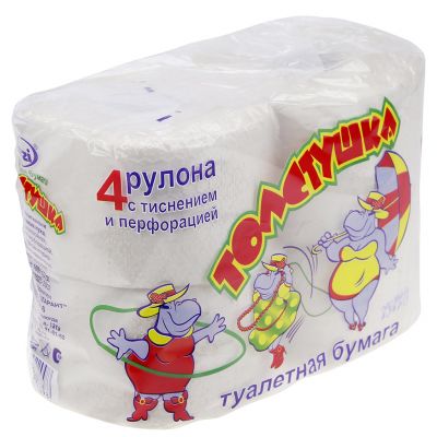 Туалетная бумага 2-слойная "Толстушка" 4 рулона, сырье - вторичное волокно, с перфорацией и тиснением, светло-серый, ГОСТ Р 52354-2005, LIZZi (Россия) 