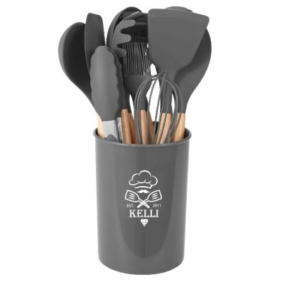 Кухонный набор "Kelli" 12 предметов: лопатка для жарки, кисточка, щипцы, лопатка кондитерская, половник, шумовка, лопатка с отверстиями, ложка для салатов, венчик, ложка, ложка для спагетти, подставка, силикон, бамбук, серый (Китай)