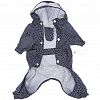 6081 - "Пэт тойс (Pet toys)" Одежда для собаки "Комбинезон" "Горошек" с капюшоном, прозрачный ПВХ козырек, на кнопках р-р S, длина спинки 22см/обхват груди 34см/обхват шеи 28см, цвет-темно-синий, плащевка (Китай)