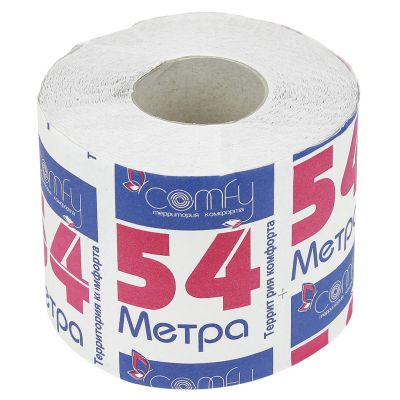 Туалетная бумага 1-слойная "54 метра" 54м, облагороженная макулатура, белый, ГОСТ Р 52354-2005, Comfy (Россия)
