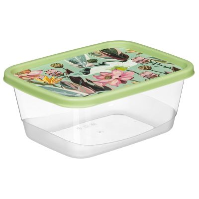 Контейнер для продуктов пластмассовый 1,5л, 19,7х15,1х8см, прямоугольный, зеленый, с декором "Ботаника" (Россия)