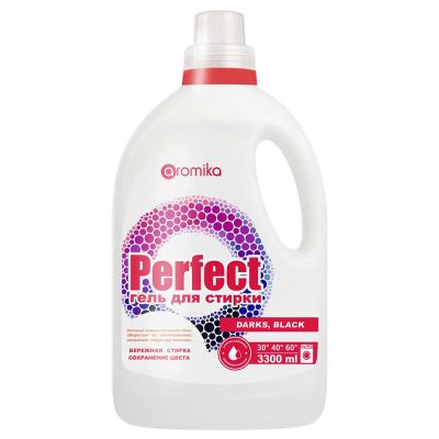 Гель для стирки белья "Perfect" 3,3л, 18х12х34см, бережная стирка, для темных тканей, удаляет трудновыводимые пятна, придает свежесть и нейтрализует неприятные запахи, DARKS, BLACK (Казахстан)