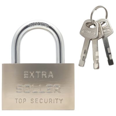 Замок навесной из стали "Soller Extra" 77х63х17мм, дужка д8мм, проем 40х35мм, дисковый тип механизма секрета, матовое покрытие, финский тип ключа, 3 ключа, в блистере (Китай)
